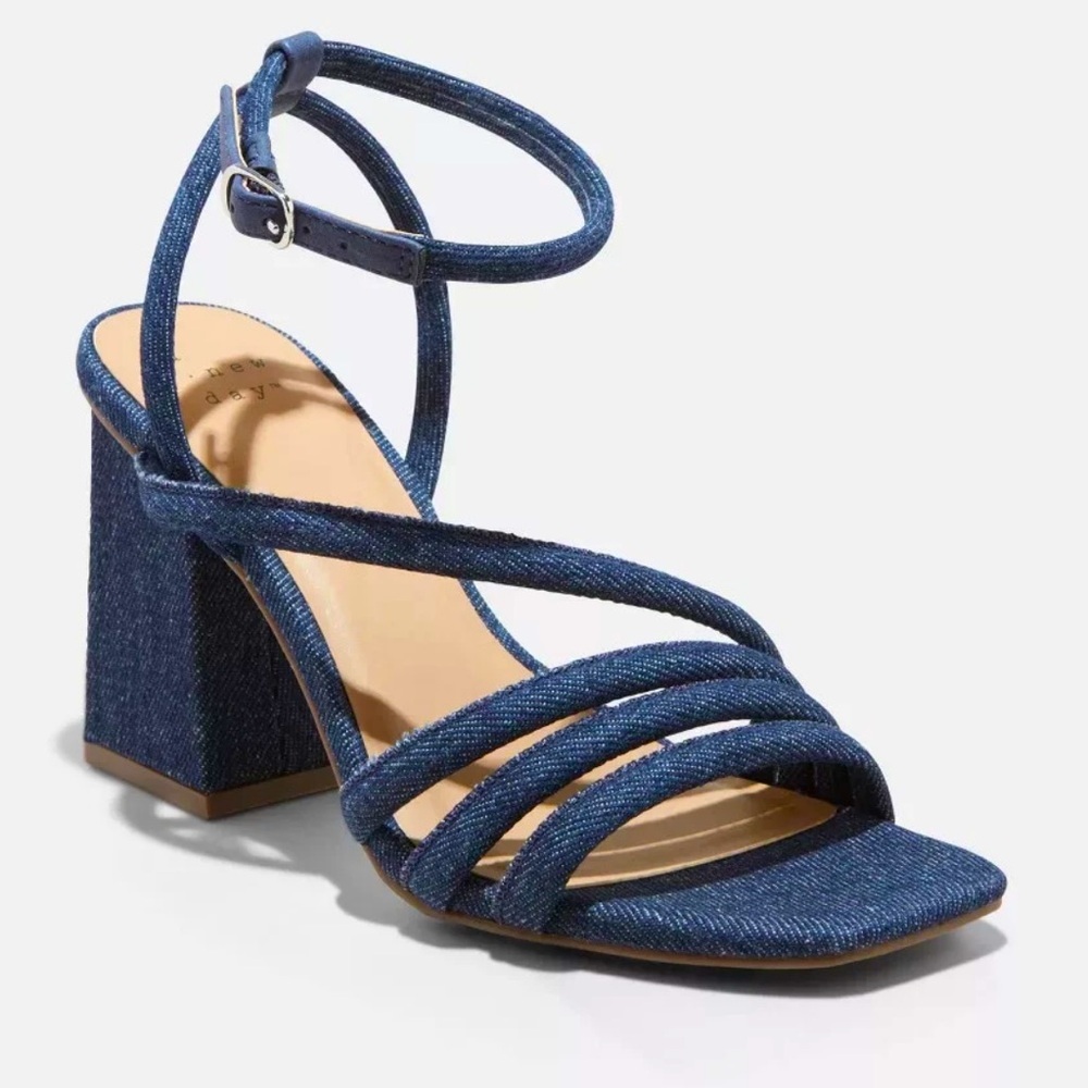 NWT A New Day Dark Distressed Frayed Denim Block Heel Strap Sandals